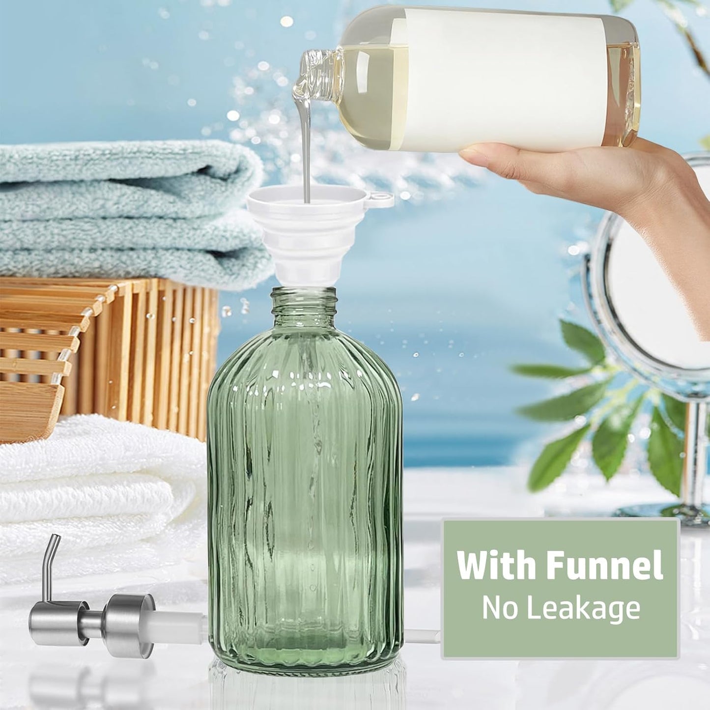 14Oz Green Soap Dispenser Bathroom, Clear Glass Hand Soap Dispensers with Stainless Steel Pump, Refillable Dish Soap Dispenser with Funnel for Kitchen, Countertop Soap Dispensers
