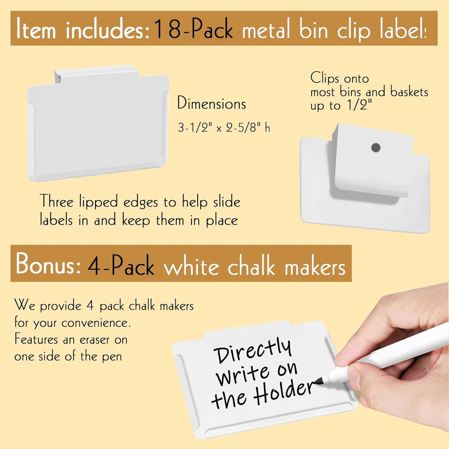 Basket Labels Clip on | Label Holders for Basket or Storage Bins Includes Black Chalk Markers (18 White Holders + 4 Black Chalk Makers)