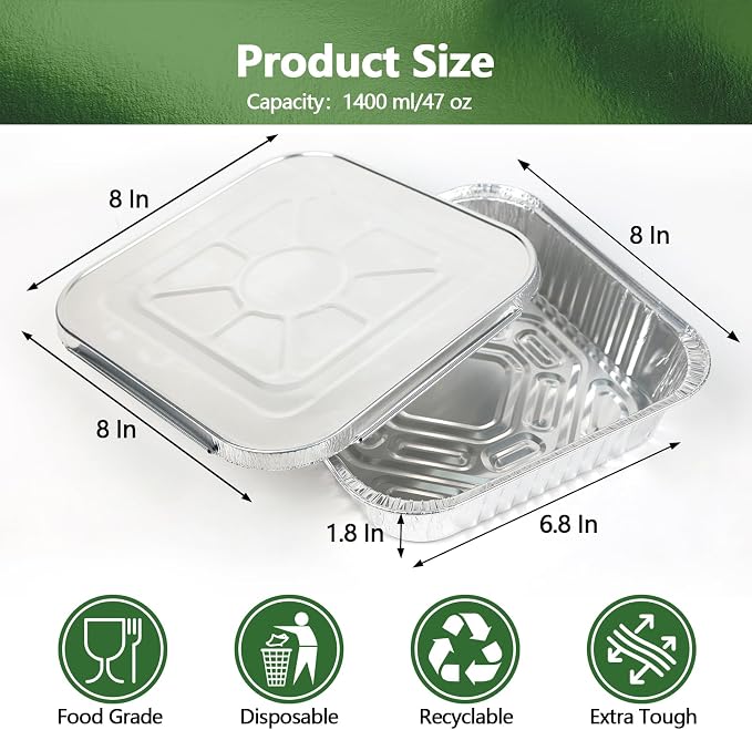 Thickened 50 Pack Heavy Duty Aluminum Pans with Lids, 8x8 Square Disposable Aluminum Baking Pans, Small Foil Pans with lids for Cooking, Meal Prep, Catering, Events, Carton Packaging - Image 4