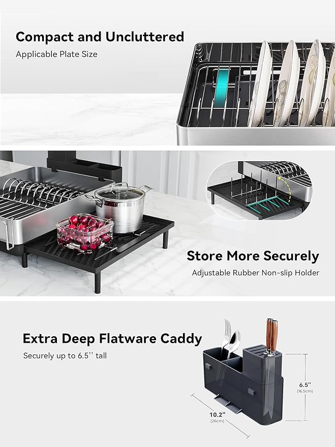 SUNLY Large Dish Drying Rack, Expandable Dish Racks for Kitchen Counter, Space Saving 304 Stainless Steel Drying Rack Kitchen, Extra Large Drainer with Multifunctional Flip Up Pegs, Black - Image 5