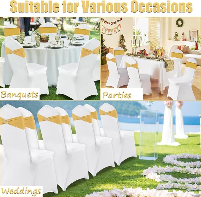 Gold Chair Sashes for Wedding 25 Pack Spandex Gold Sashes for Chairs Covers Stretch Chair Sashes Band with Heart Buckle Slider for Banquet Party Decorations - Image 7