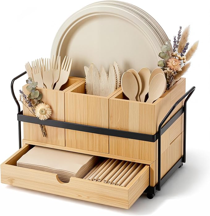 Qunclay Bamboo Wood Silverware Caddy with Drawer, 4 Compartments by Qunclay