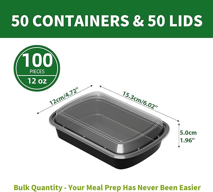 12oz Meal Prep Containers, 50 Pack Disposable Food Storage Boxes with Lids | Small, Single Compartment, Leakproof Lids, BPA Free, Microwave Freezer Safe, Plastic To Go Bento Boxes for Lunch Takeout - Image 2