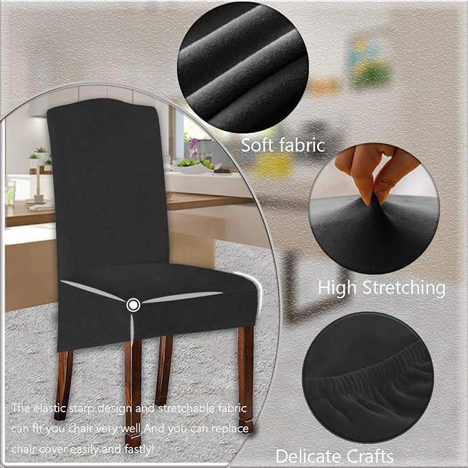 Velvet Plush XL Dining Chair Covers, Stretch Chair Slipcover, Spandex High Chairs Protector Covers Seat Slipcover with Elastic Band for Dining Room,Wedding, Ceremony, Banquet (Dark Grey, Set of 4) - Image 2