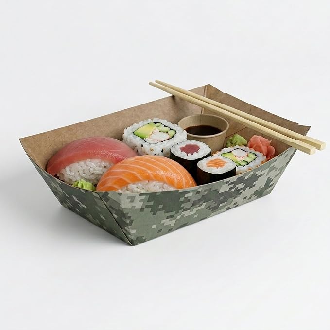 Restaurantware-Bio Tek 1/2 Pound Food Trays, 400 Disposable Paper Food Trays - Heavy-Duty, Greaseproof, Camouflage Paper Food Boats, For Snacks, Appetizers, Or Treats, Use At Parties Or Carnivals - Image 6