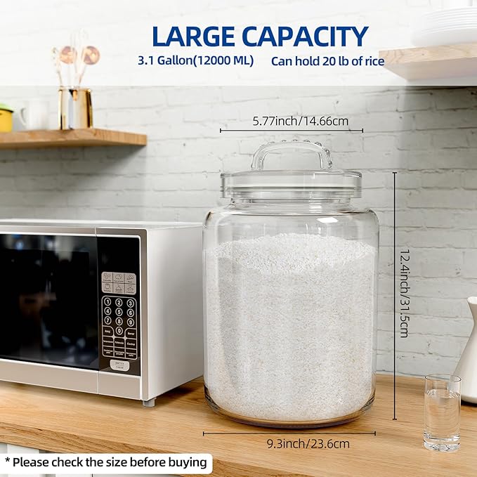 3 Gallon Glass Jar with Airtight Lid, Wide Mouth Large Glass Container | 5.7" Wide Mouth, Glass Canister, Easy-Grip Lid, Heavy Duty Glass, Cookie Jar, Pantry Storage for Flour, Sugar, Dog Treats - Image 2
