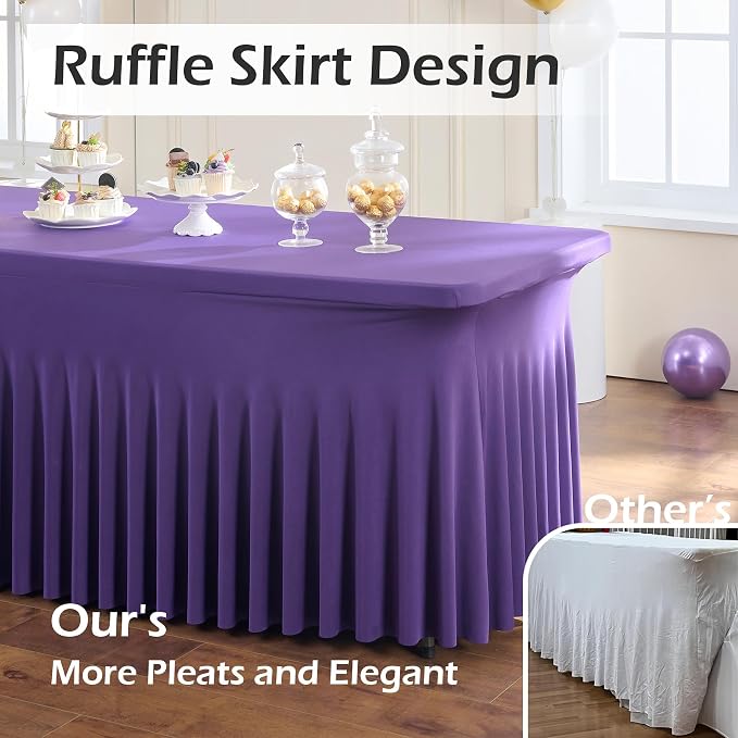NSSONBEN 2 pk Purple Spandex Tablecloth for 8 Foot Rectangle Tables,Wrinkle Free Fitted Spandex Table Covers 8ft Stretch Table Cloths with Ruffle Skirt for Parties Weddings Banquet Baby Shower - Image 2