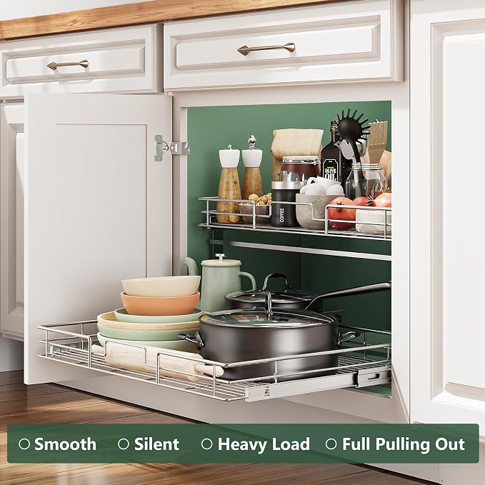 LOVMOR 2 Tier Individual Pull Out Cabinet Organizer 25½" W x 21½" D, Slide Out Kitchen Cabinet Storage Sliding Shelves - Image 2