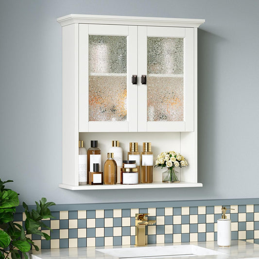 Bathroom Cabinet Wall Mount, Over Toilet Storage Cabinet with Glass Door Build-in Spirit Level Cupboard Hanging Medicine Cabinet for Bathroom Laundry Kitchen Living Room (Cream White)