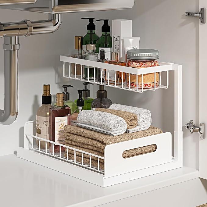 REALINN Under Sink Organizer, L-Shaped 2 Tier Pull Out Cabinet Organizer by REALINN