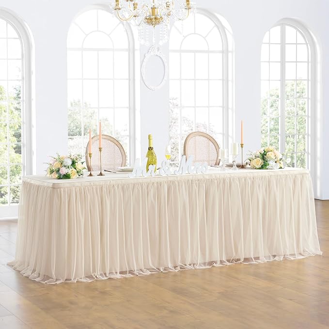 252in Champagne Gold Tulle Table Skirts for Rectangle Tables 8ft, 2-Layer Beige Ruffle Tulle Tutu Cloth Table Skirt 21ft for Wedding Party Birthday Baby Shower Cake Dessert(No Table Cover) by ENJOYYOURPARTY