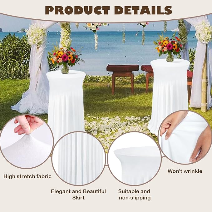 5 Pack White Cocktail Table Covers - 32 x 43 Inch Stretch Spandex Cocktail Tablecloths with Skirt Round Stretch High Top Table Cloths for Party, Bar, Pub, Wedding, Banquet, Birthday - Image 3