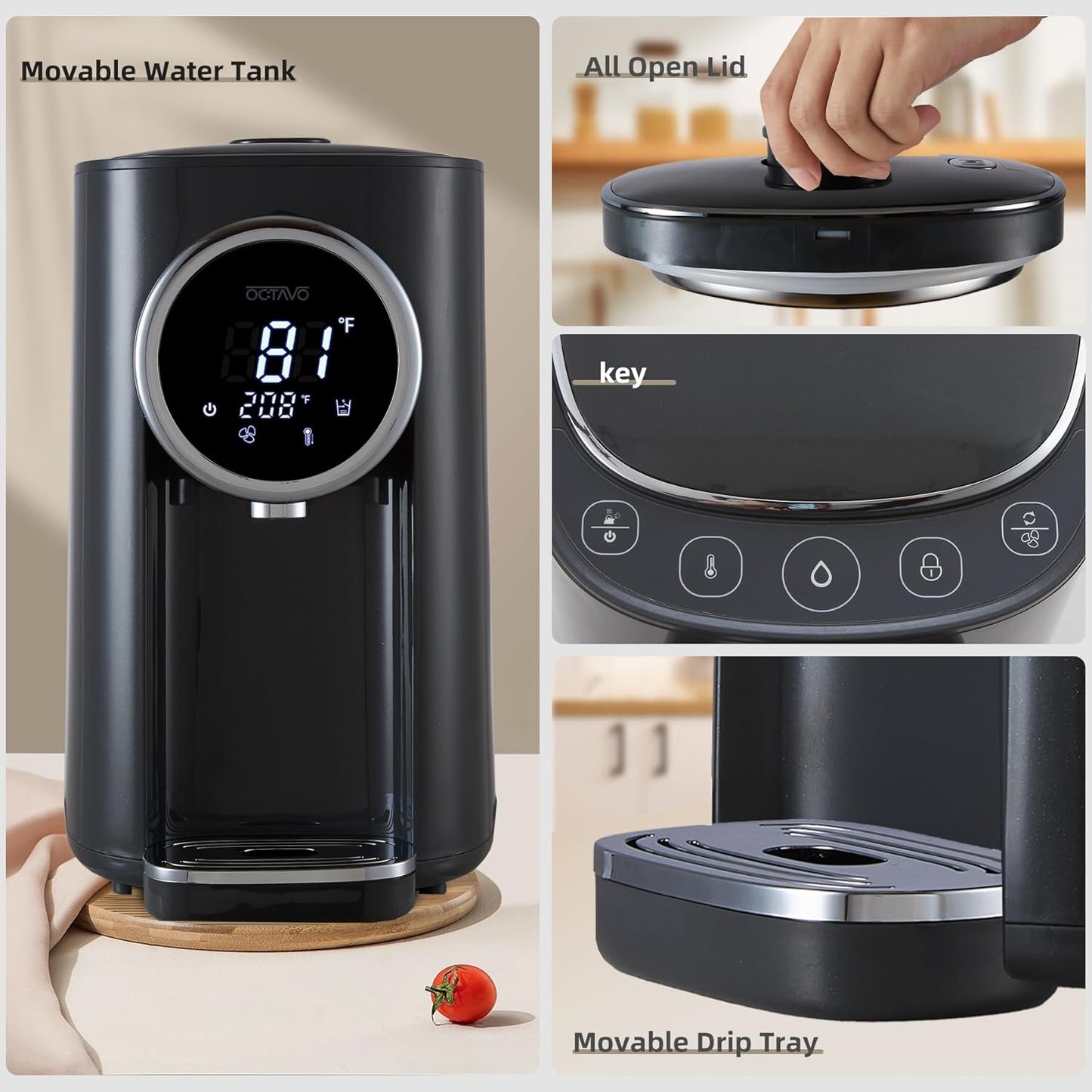 OCTAVO Water Boiler & Warmer 5 Liter, 304 Stainless Steel Water Tank, 700 Watt 6 Adjustable Water Temperature, LCD Touch Control Screen, Child Lock with Water Shortage Indicator