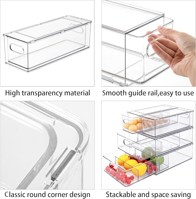 Set of 3 Stackable Refrigerator Organizer Bins Pull-Out Drawers for Fruit and Veggies Divided Storage Organizer for Fridge Clear Drawer Containers with Handle for Produce Saver, Eggs, Snack - Image 6