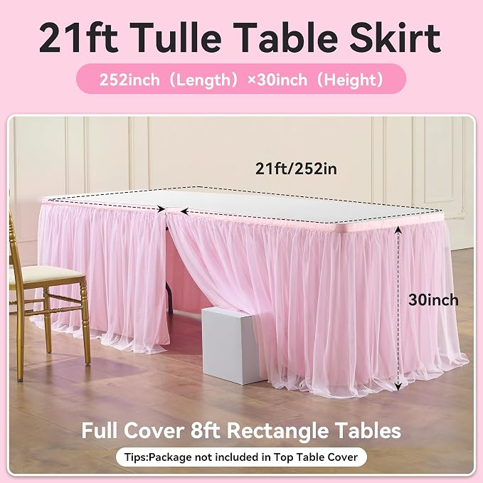 252in Baby Pink Tulle Table Skirts for Rectangle Tables 8ft, 2-Layer 21 ft Long Gold Grim Princess Pink Ruffle Tulle Tutu Table Skirt Cloth for Girl Birthday Baby Cake Dessert(No Table Cover) - Image 5