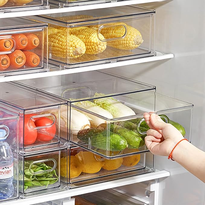 Set of 3 Stackable Refrigerator Organizer Bins Pull-Out Drawers for Fruit and Veggies Divided Storage Organizer for Fridge Clear Drawer Containers with Handle for Produce Saver, Eggs, Snack - Image 2