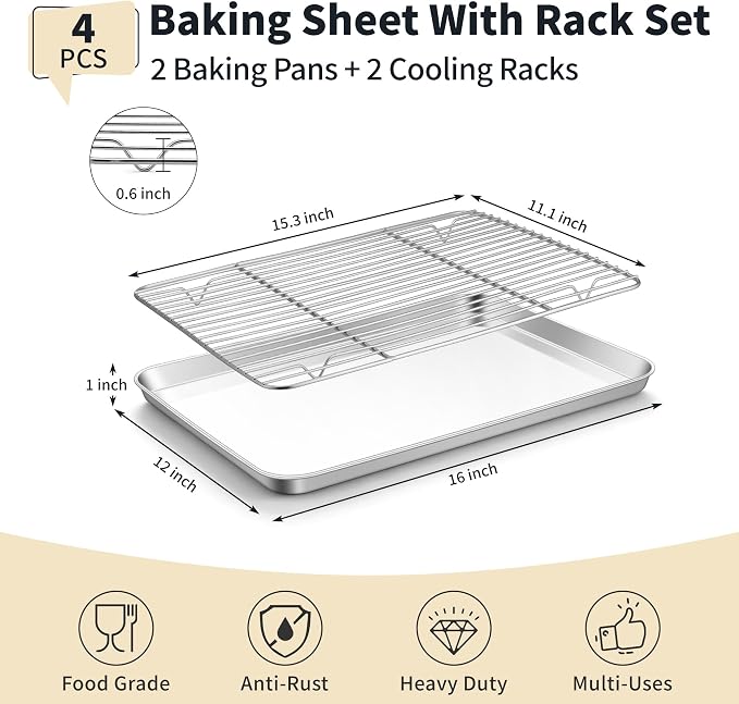 TeamFar Stainless Steel Baking Sheet with Rack Set, 16"x12"x1" | 2 Pans + 2 Racks, Cookie Sheet Baking Pan Tray with Cooling Rack for Cooking, Non-Toxic & Rust Proof, Dishwasher Safe - Image 2