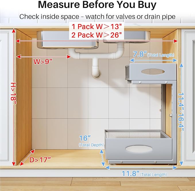Under Sink Organizer, 2 Tier Pull Out Under Cabinet Organizer Shelf with Pad for Framed Cabinets, Metal Slide Out Under Sink Storage, Mesh Sliding Drawers for Kitchen Bathroom Laundry(Grey, 1 Pack) - Image 2