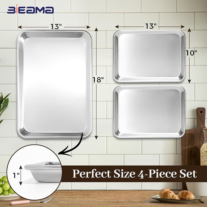 BIEAMA Aluminum Baking Sheet Pan Set of 4, 18" x 13"+ 13" × 10" | Includes 2 Half Sheet Pans & 2 Quarter Size Commercial Heavy Duty Cookie Sheets for Oven - Image 2