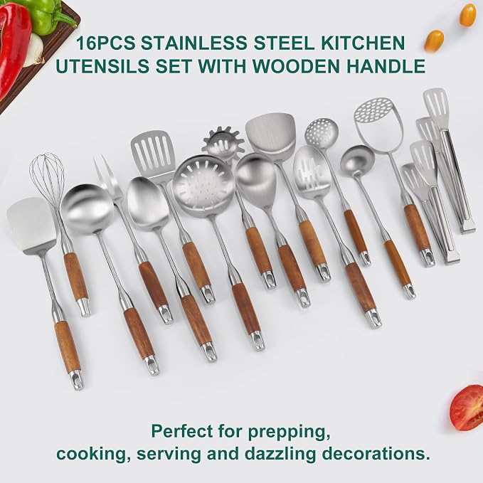 304 Stainless Steel Cooking Utensils Set with Wooden Handle, 16 Pcs Long Heat Resistant Metal Kitchen Utensils Set, Stainless Steel Kitchen Utensils Set with Spatula, Turner, Whisk, Ladle - Image 6