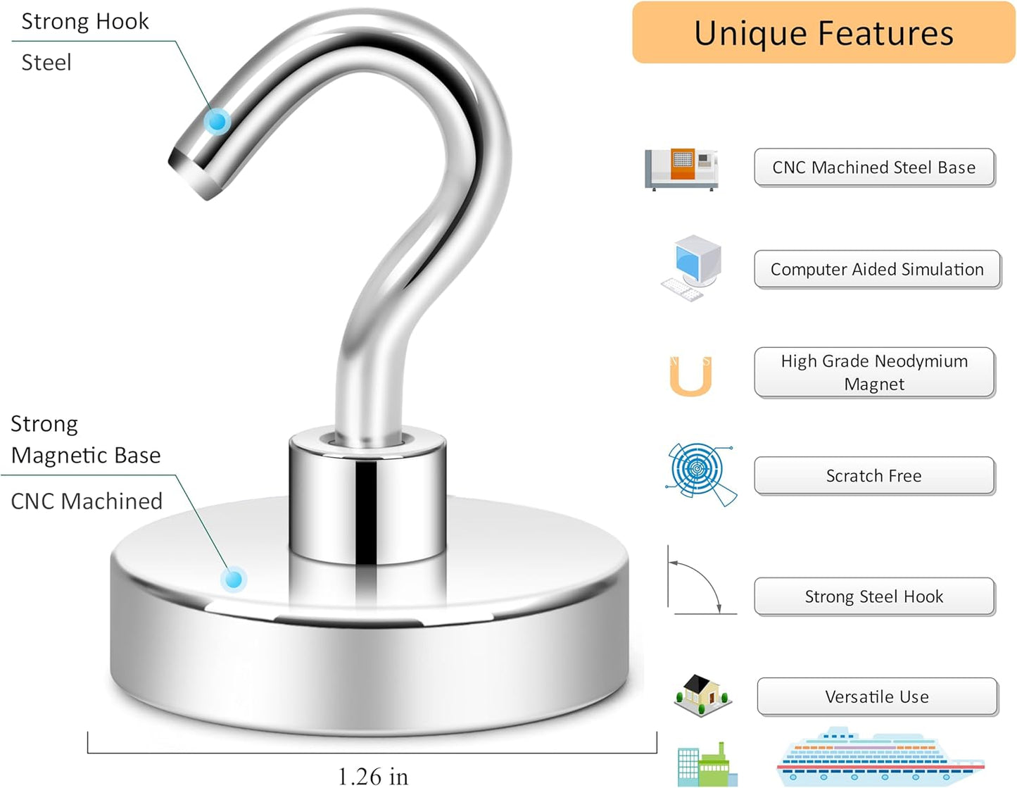 Neosmuk Magnetic Hooks for Cruise Cabins, Heavy Duty 130lb Strong Magnet Hook, Cruise Ship Essentials for Hanging, Metal Wall Refrigerator Hangers (Silver White, 10 Pack)