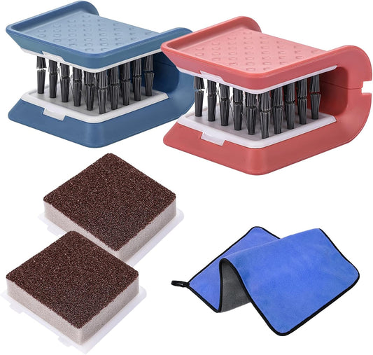 Knife Cleaner, 2 Pack Cutlery Cleaner, Blade Cleaner with 2 Pcs Replacement Sponge Brush Head,Microfiber Cleaning Cloth, for Kitchen Chopsticks Fork Spoon Knives Washing(Blue,Pink)