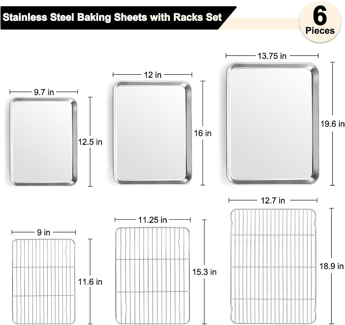 TeamFar Baking Sheet with Rack Set, 3 Pans + 3 Racks, 19.6/16/12.5 Inch | Stainless Steel Cookie Sheets Baking Pans Trays and Cooling Racks for Cooking, Non-Toxic & Heavy Duty, Dishwasher Safe - Image 2