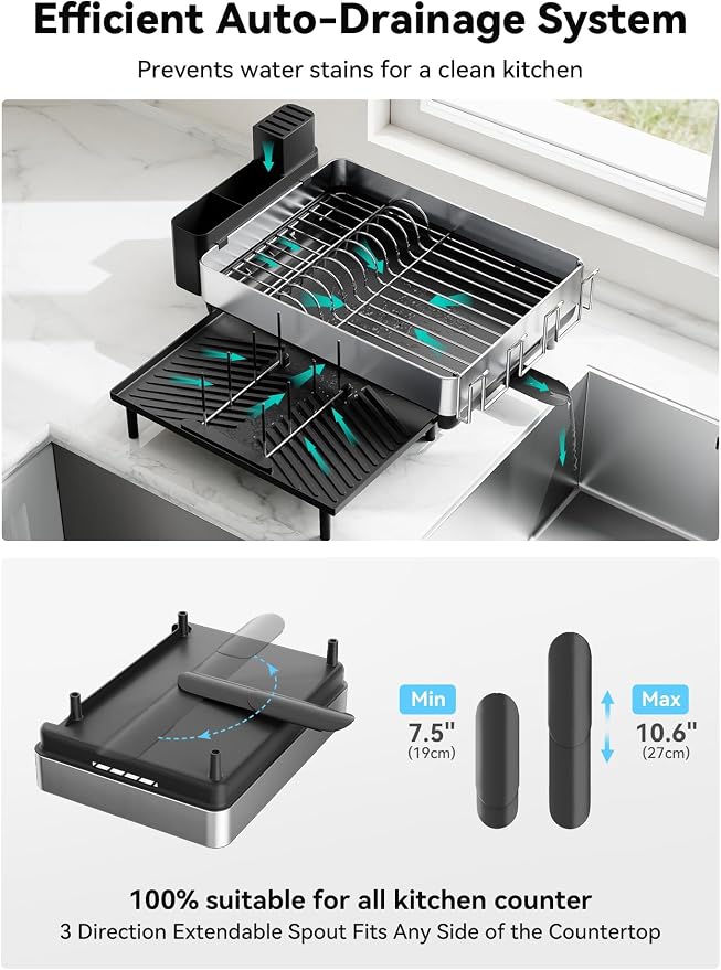 SUNLY Large Dish Drying Rack, Expandable Dish Racks for Kitchen Counter, Space Saving 304 Stainless Steel Drying Rack Kitchen, Extra Large Drainer with Multifunctional Flip Up Pegs, Black - Image 6