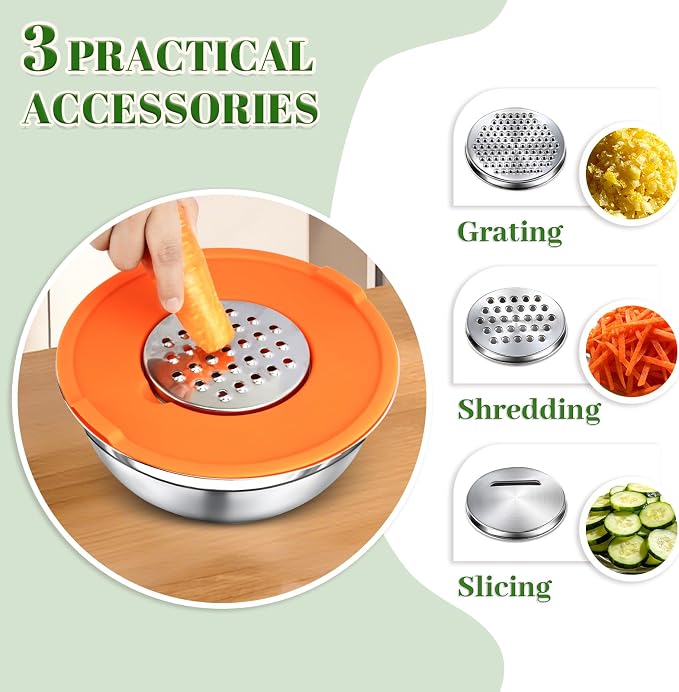 8PCS Mixing Bowls with Lids Set - 5 Nesting Mixing Bowls, 3 Grater Attachments, Lids, Stainless Steel Mixing Bowls for Mixing & Serving, Size 1.5/2.1/3.5/4/4.5 QT, Colorful - Image 3
