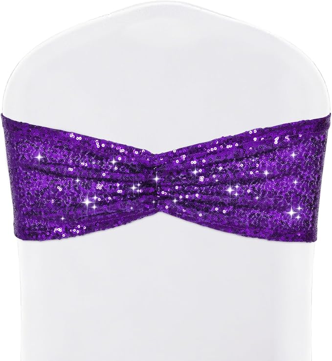SquarePie Sequin Chair Sashes Bows 10 Pack Purple Shiny Chair Cover Bands for Wedding Banquet Party Decor by SquarePie