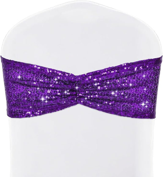 SquarePie Sequin Chair Sashes Bows 10 Pack Purple Shiny Chair Cover Bands for Wedding Banquet Party Decor by SquarePie