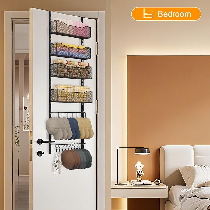 Over the Door Organizer, 2 in 1 Metal Hanging Closet Organizer & Hat Rack with 4 Adjustable Baskets, 8 Hooks, 10 Clips, Behind The Door Storage for Bedroom, Bathroom, Entrance, Closet, Kitchen, Black - Image 2