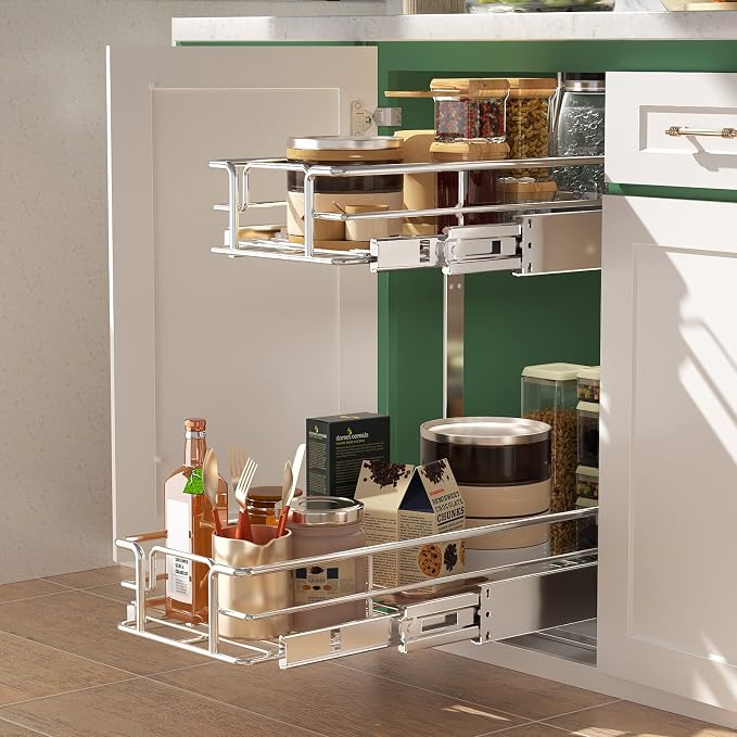 LOVMOR 2 Tier Individual Pull Out Cabinet Organizer 9" W x 21½" D, Slide Out Kitchen Cabinet Storage Sliding Shelves - Image 2