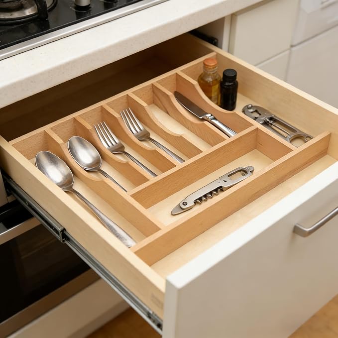 Silverware Drawer Organizer - Trim-to-Fit with Adjustable Dividers for Kitchen Utensil Storage, Beech Wood Frame with 11 Sizes (24" W x 22" D) - Image 2