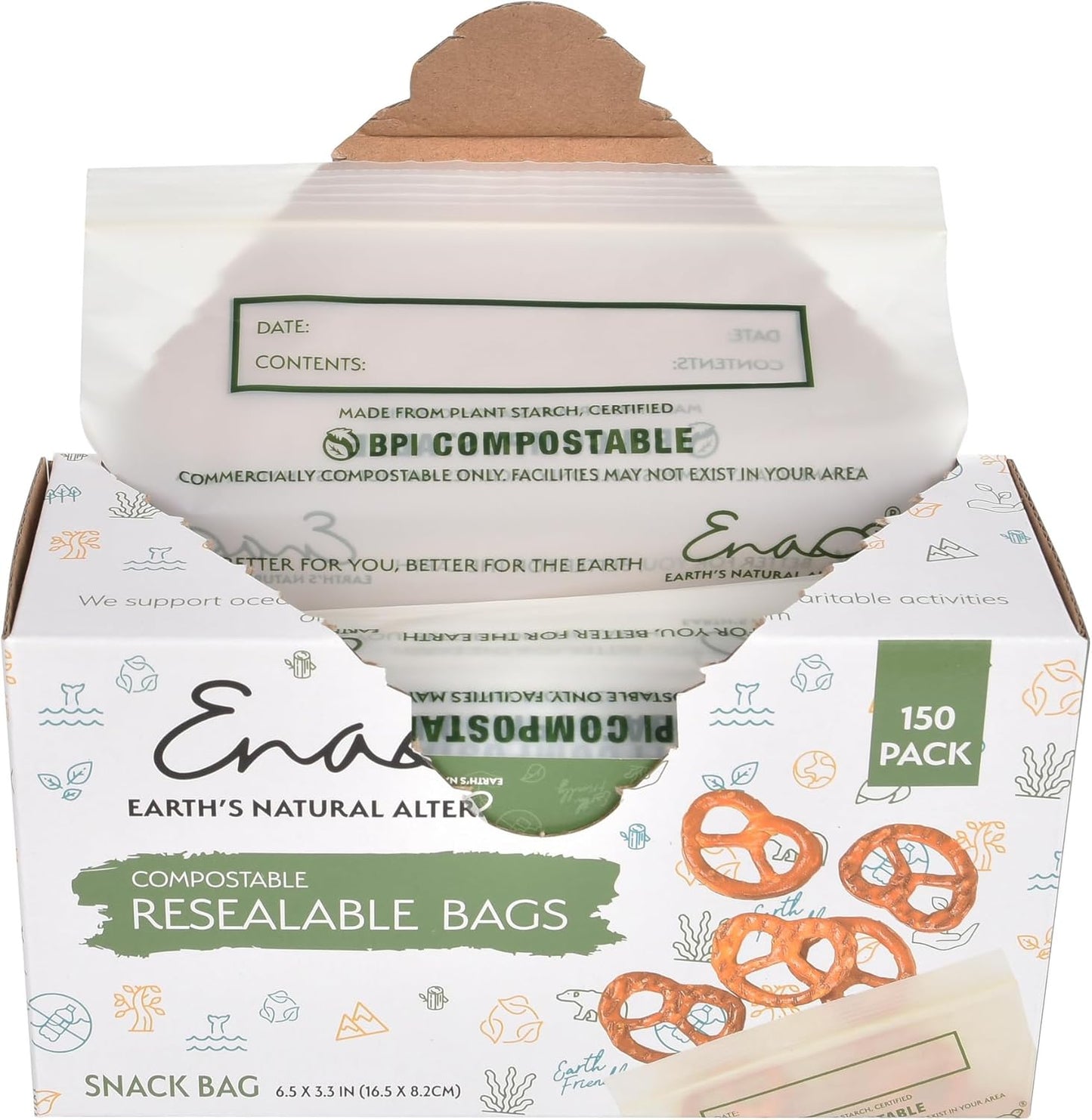 100% Compostable Food Storage Bags [Snack 150 Pack] Eco-Friendly Freezer Bags, Resealable Bags, Heavy-Duty, Reusable, Off-White by Earth's Natural Alternative