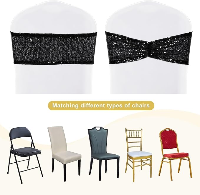 SquarePie Black Sequin Chair Sashes Bows 120 Pack Glitter Chair Covers Bands for Wedding Banquet Birthday Party Event Decor - Image 8