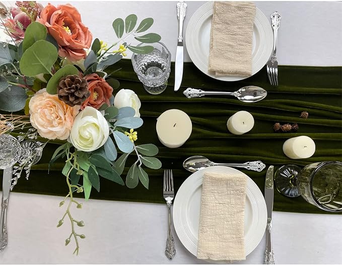Luxurious Velvet Table Runner, 10ft Wedding Reception Decorations, 20x120inch Soft Velvet Fabric, Table Linen Overlay, Wedding Table Runners (Olive Green, 20X120inch) - Image 2