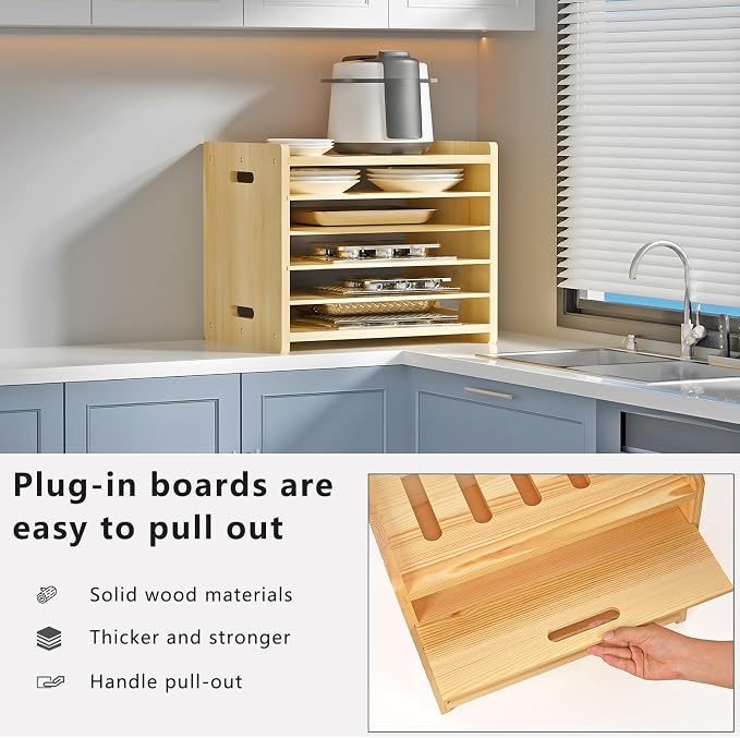 6 Tier Wooden Tray Dividers for Cabinets | Baking Cookie Sheet Organizer, Vertical/Horizontal Cabinet Dividers for Pots, Cutting Board, Kitchen Organizers and Storage - Image 5