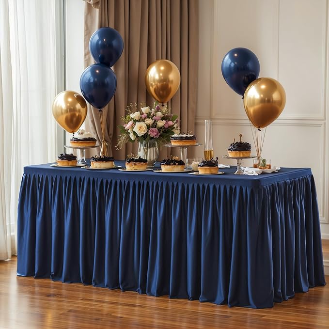 1 Pack Navy Blue Tablecloths for Rectangle Tables 4ft, Wrinkle Resistant Navy Blue Tablecover Fitted Stretch Table Cloth with Pleated Ruffle Table Skirts for Party Banquet Dining Birthday Wedding - Image 4