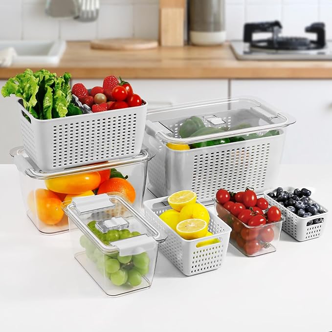 LUXEAR 4 Pack Fruit Vegetable Containers for Fridge, Produce Saver Container with Lids &Removable Colander BPA-free Refrigerator Storage Organizer for Fruit Vegetable, Berry, Meat keep Fresh Longer | BPA Free with Removable Colanders Leak-proof Fridge ... - Image 6