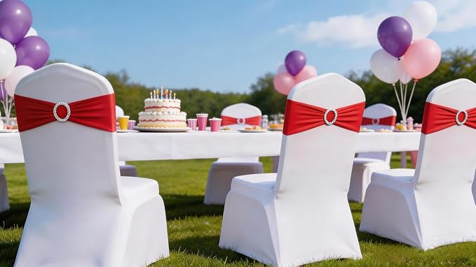 Wedding Red Chair Sashes 100 Pack Spandex Chair Bows Bands with Buckles for Party Birthday Bridal Shower Engagement Banquets Anniversary Christmas Outdoor Events Decorations (Red) - Image 6