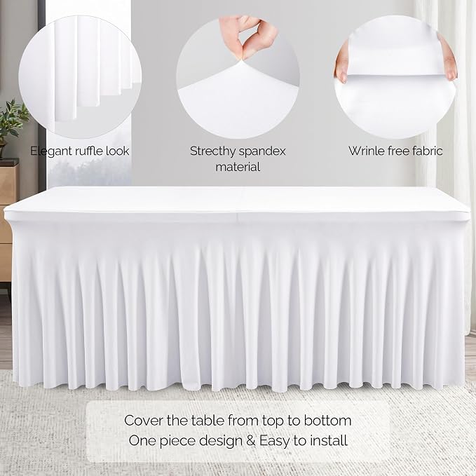 Wish Care 2 Pack White Spandex Table Clothes for 6 Foot Rectangle Tables, 6FT Wrinkle Free Fitted Tablecloths Ruffles Design Table Cover for Party, Banquet, Wedding and Events - Image 2