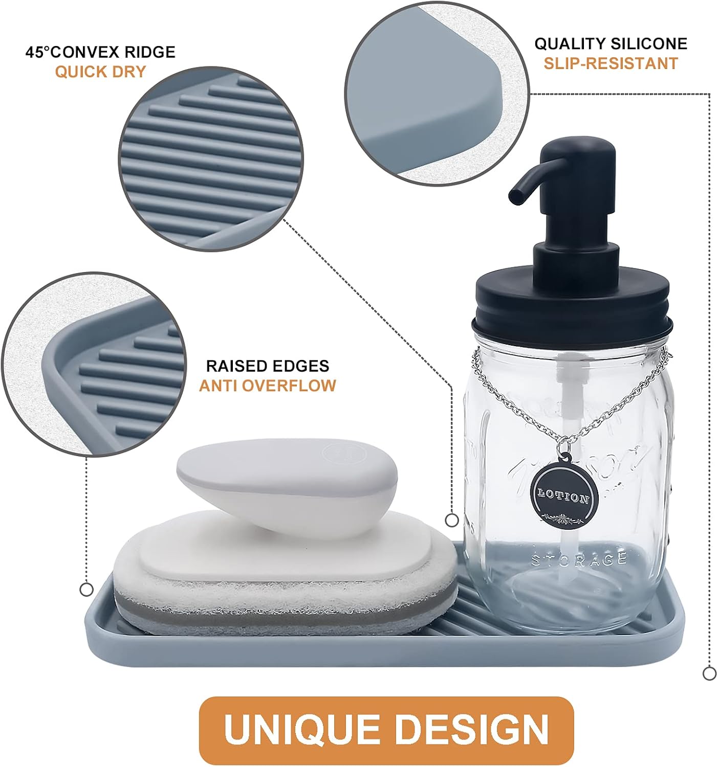 Silicone Organizer Tray, Soap and Sponge Holder for Kitchen Sink, Bathroom - Storage Tray for Dish Brush, Soap Dispenser, Dishwashing Accessories- 2 Pack (Gray)