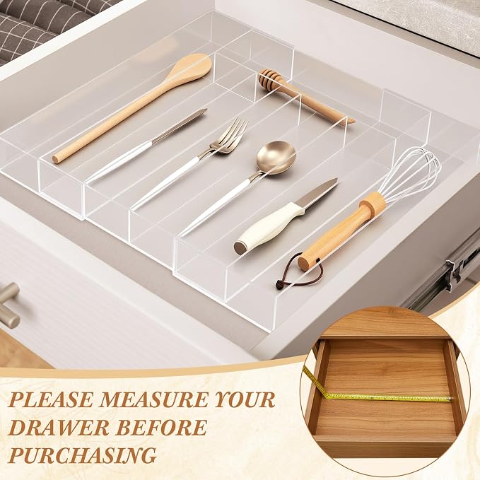 Teenyyou 1 Pack Expandable Kitchen Drawer Organizer Clear Acrylic Utensil Organizer Adjustable Acrylic Silverware Storage for Drawers Silverware Flatware Knives (12 x 16 Inches,5-7 Compartments) - Image 3