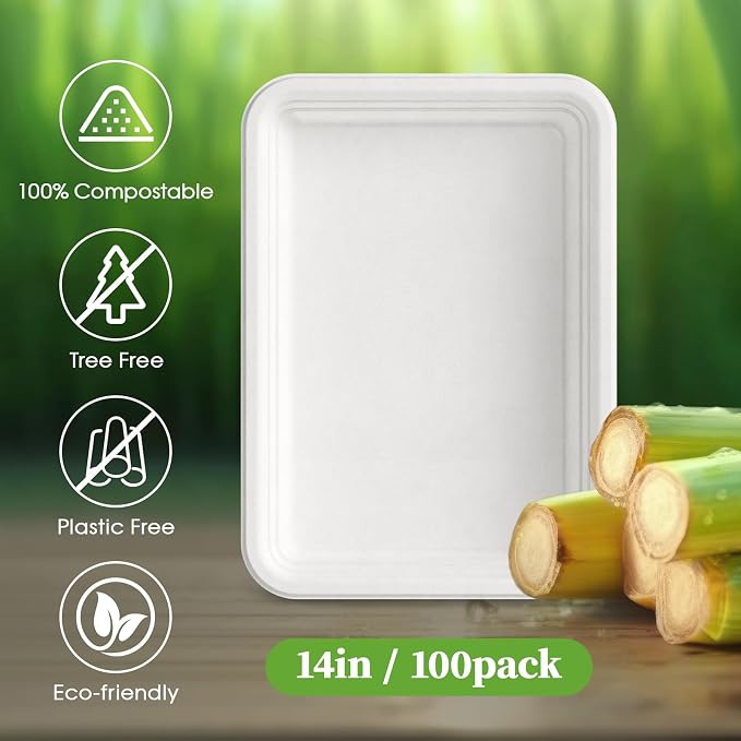 ECOLipak 100 Pack 14 in Compostable White Disposable Food Crawfish Trays | Large Paper Thanksgiving Plates for Turkey, BBQ, Seafood Boil Party Supplies, Heavy Duty, Biodegradable, Sugarcane Bagasse - Image 5