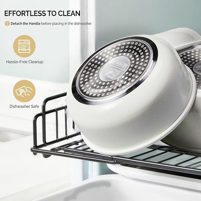 Bonnlo 19 Pcs Nonstick Pots and Pans Set with Lids, Kitchen Cookware Set with Detachable Handle Include Saucepan, Frying and Saute Pan, PFAS PFOA & PFOS Free, RV Induction, Aluminum, Cream White - Image 7