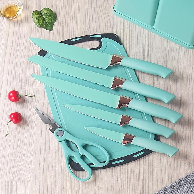Kitchen Utensil and Knife Set with Storage, 19 in 1 Set with 11 Piece Silicone Cooking Utensils, 5 Pcs Sharp Stainless Steel Chef Knives Scissors Whisk Tongs and Cutting Board Teal - Image 5