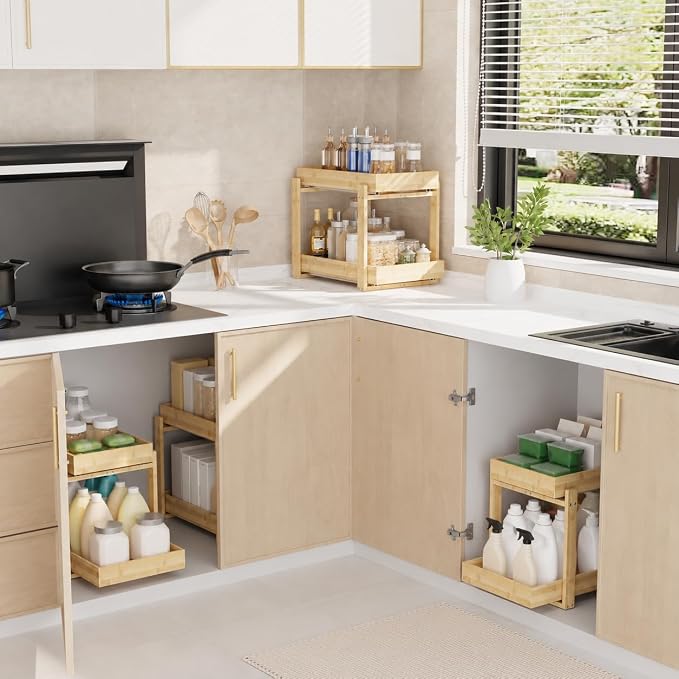 Bamboo Under Sink Organizer 2 Tier Pull Out Cabinet Storage Drawer - Image 4
