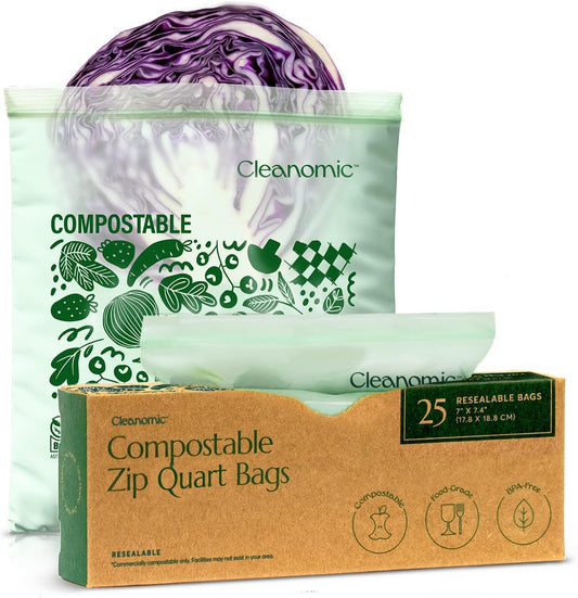 Cleanomic Compostable* Quart Size Food Storage Bags (25 Eco Zip) Freezer and Leak Proof, Also Available Gallon, Snack and Sandwich Size Bags