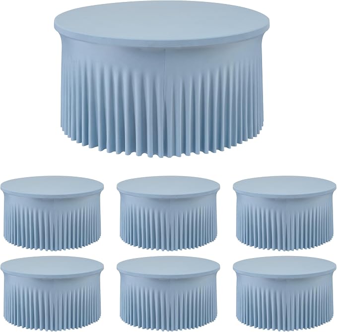 6 Pack Dusty Blue Spandex Round Tablecloths for 60 inch Table, Wrinkle Free Stretchy 120inch Fitted 5FT Round Table Cover Cloths with Skirt for Wedding Party Dining Banquet by Htper